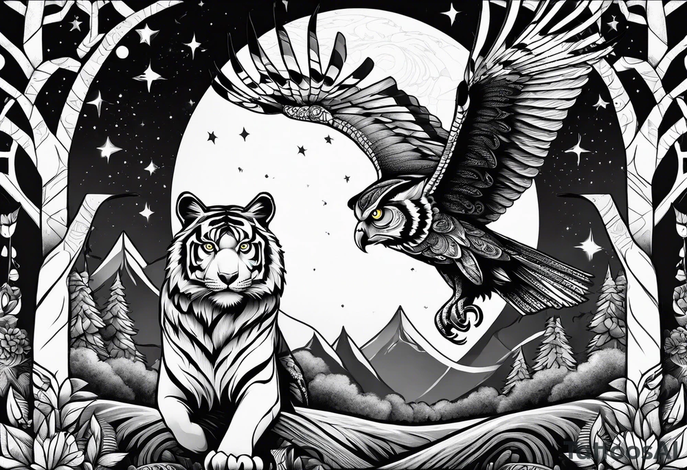 Tiger clawing a flying owl underneath a full moon in a forest tattoo idea Tiger clawing a flying owl underneath a full moon in a forest tattoo idea