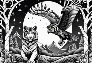 Tiger clawing a flying owl underneath a full moon in a forest tattoo idea