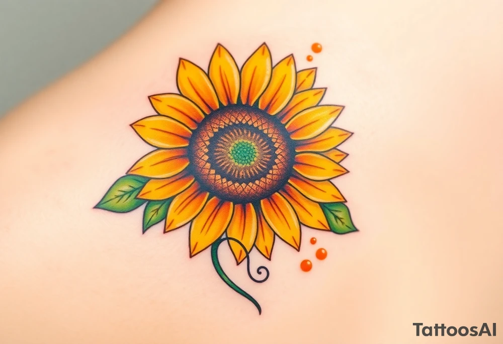 A beautifully detailed sunflower tattoo, with golden-yellow petals that transition into soft amber at the tips, symbolizing warmth, devotion, and unwavering affection. The rich brown center is intricately textured, capturing the natural depth of sunflower seeds. Surrounding the flower are delicate green leaves with subtle veins, adding a touch of realism. A thin, swirling vine wraps around the stem, seamlessly forming a heart shape, representing eternal love. Soft watercolor splashes in warm orange and honey tones radiate outward, giving the design a glowing, sun-kissed effect. tattoo idea