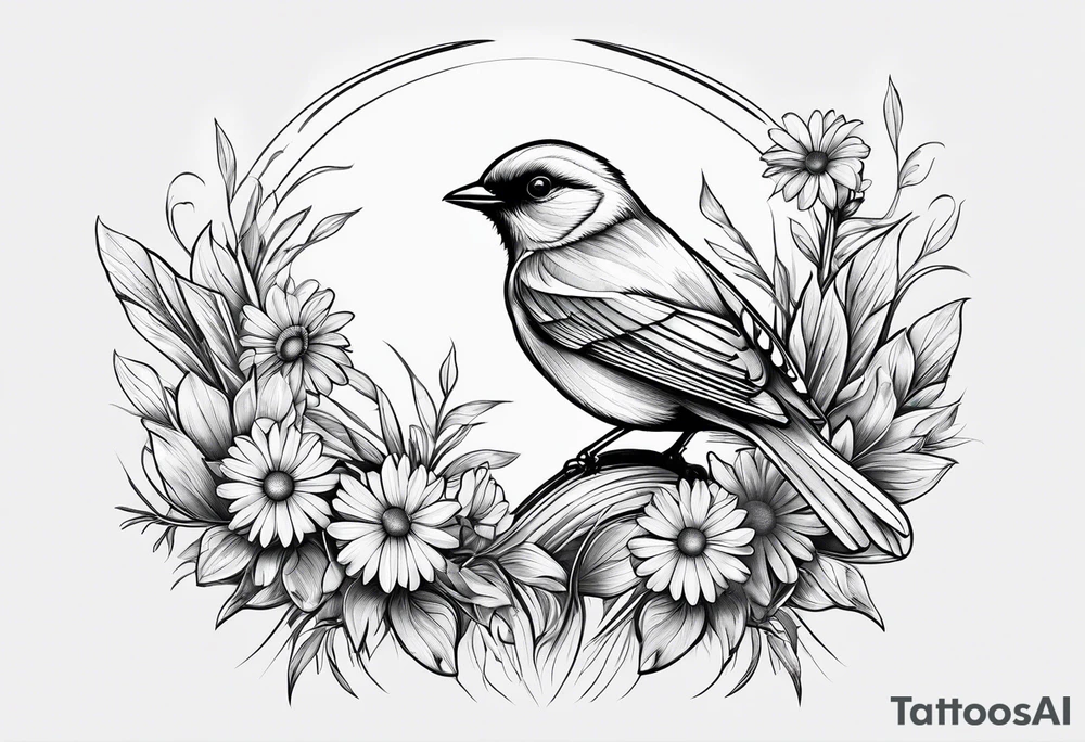 Little bird outlined perched on grass and daisy tattoo idea