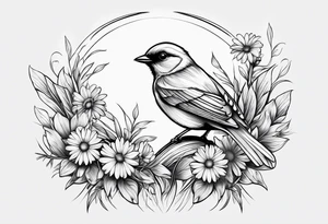 Little bird outlined perched on grass and daisy tattoo idea