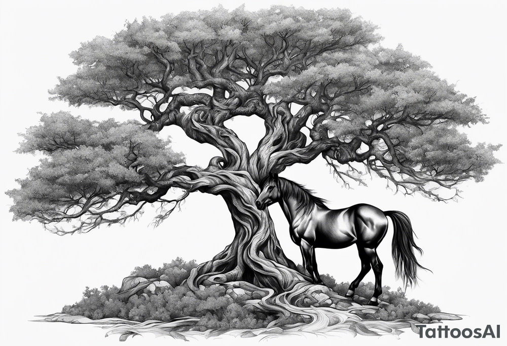 Realistic Horse and Yggdrasil tree tattoo idea