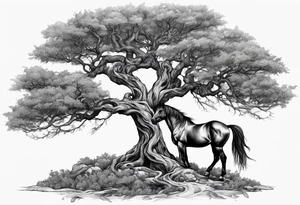 Realistic Horse and Yggdrasil tree tattoo idea