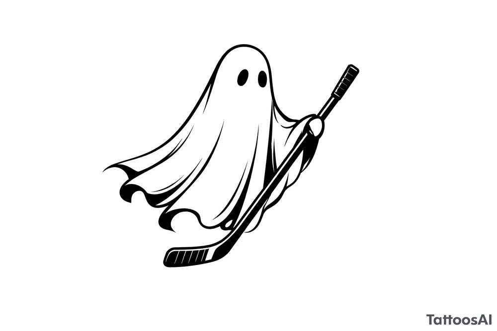 Minimalist silhouette of a ghost holding a hockey stick, black ink. tattoo idea
