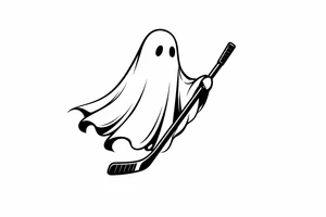 Minimalist silhouette of a ghost holding a hockey stick, black ink. tattoo idea