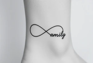 A minimalist infinity symbol composed of thin, intersecting lines, with the word "family" subtly incorporated along the curve in a contemporary font tattoo idea