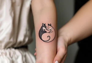 A black and white yin-yang formed by curled foxes on both partners shoulder. tattoo idea