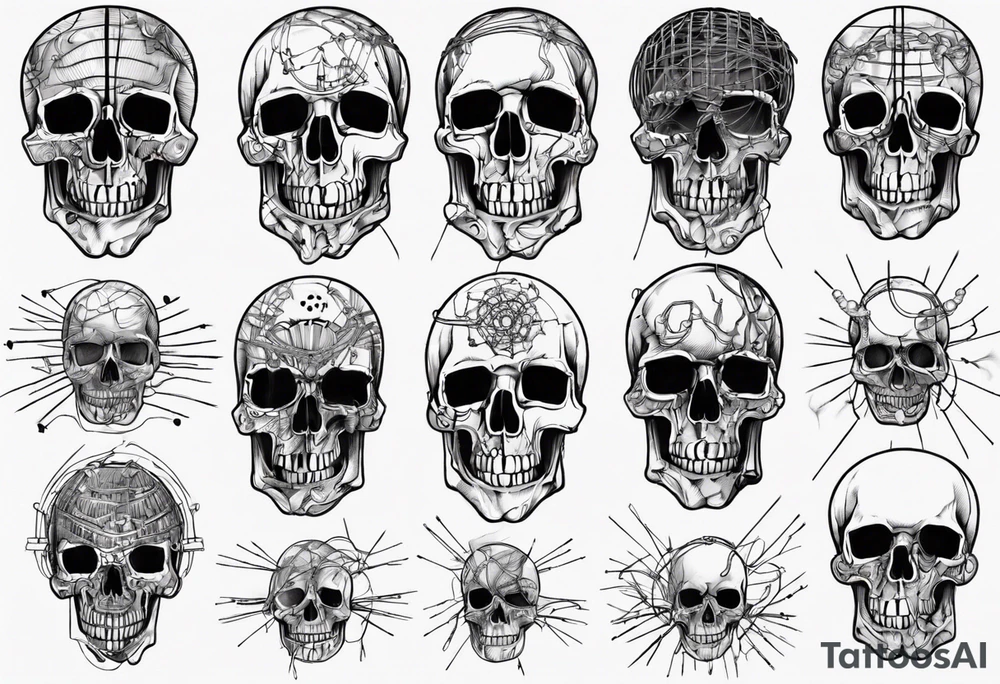 Skull covered in wires tattoo idea