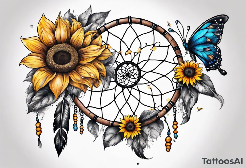 Dream catcher with sunflower in back ground with butterflies tattoo idea