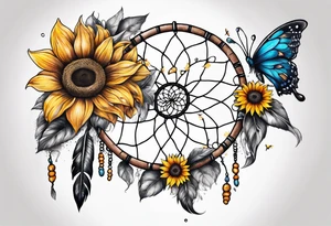 Dream catcher with sunflower in back ground with butterflies tattoo idea