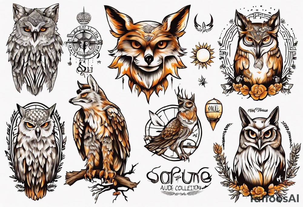 halb 
Fuchs halb Eule unter der Sonne mit dem Schriftzug Sapere Aude tattoo idea