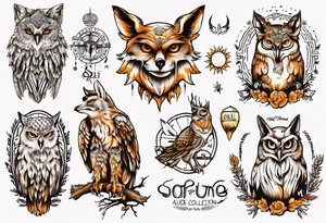 halb 
Fuchs halb Eule unter der Sonne mit dem Schriftzug Sapere Aude tattoo idea