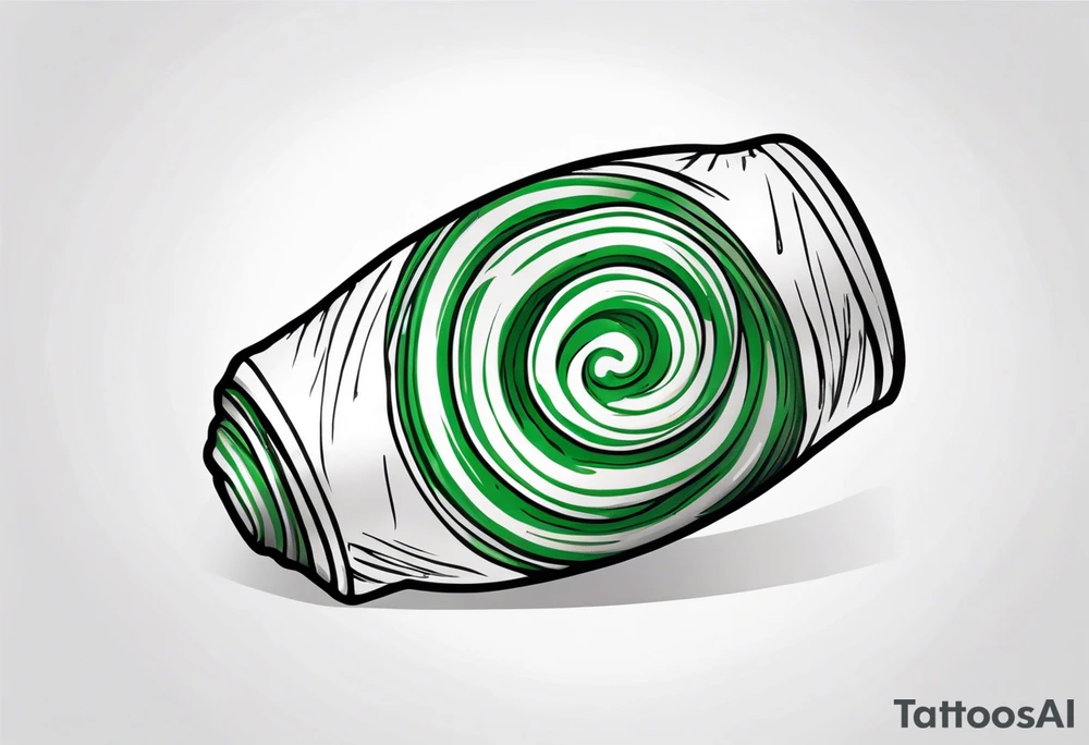 a small round candy in a wrapper. green and white swirled tattoo idea