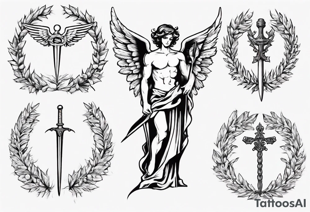 number 13, a laurel leaf wreath, and a Male angel holding sword tattoo idea