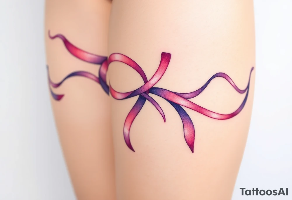 garter tattoo with flowing ribbons in shades of pink and purple, blending seamlessly into the skin for a dreamy effect tattoo idea