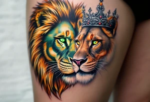 A lion with a golden mane facing a lioness with a silver crown, their eyes inked in piercing green and amber. tattoo idea