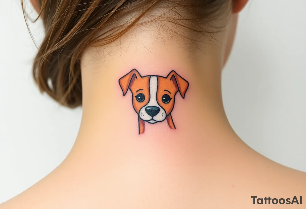 One line tattoo of female dog with white strip going up dog’s snout slightly off centered. With young slightly out tattoo idea