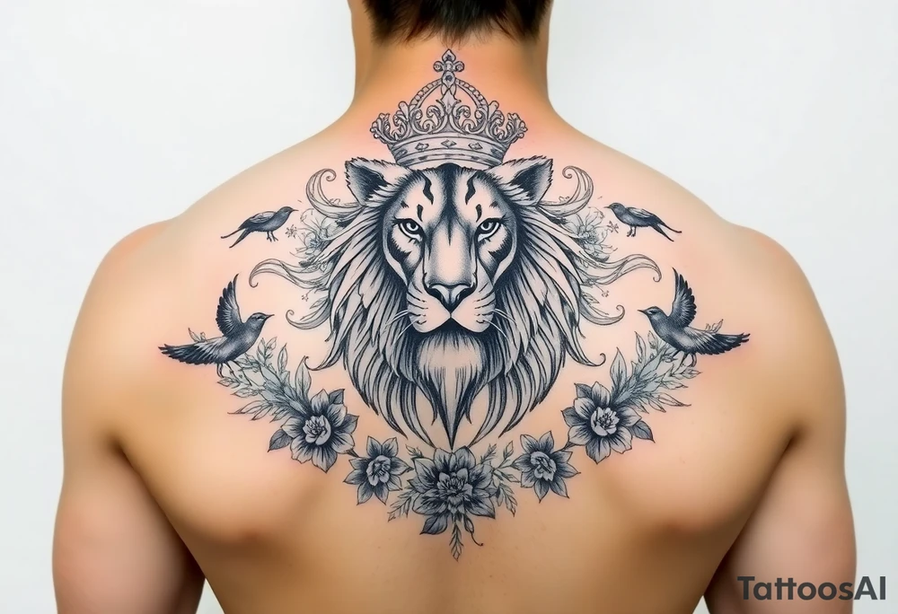 powerful majestic lion with a crown, surrounded by floral ornaments and birds tattoo idea