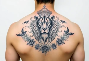 powerful majestic lion with a crown, surrounded by floral ornaments and birds tattoo idea