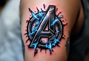 An Avengers logo with Thor’s hammer breaking through it, sending cracks along the symbol, in a black-and-grey base with glowing blue highlights. tattoo idea