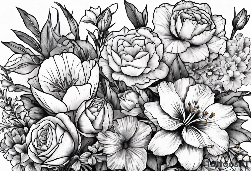 Carnation,rose,daffodil,waterlilly,gladiolus,morning glory,marigold,holly,daisy bouquet tattoo idea