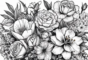 Carnation,rose,daffodil,waterlilly,gladiolus,morning glory,marigold,holly,daisy bouquet tattoo idea