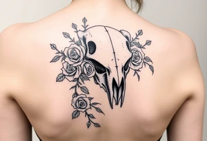 Line polar bear skull intertwined with climbing roses and thorny vines tattoo idea