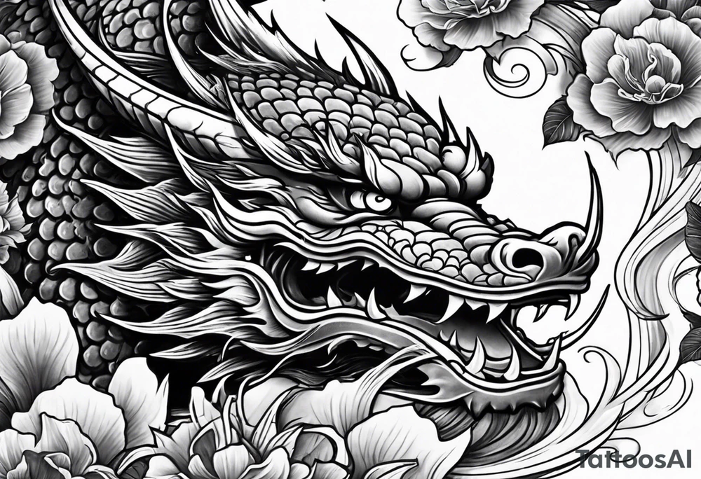 Dark skull and dragon  koi fish tattoo idea