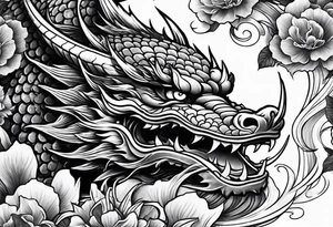 Dark skull and dragon  koi fish tattoo idea