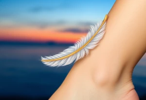 An angel’s feather in soft white with golden tips, floating gently against a twilight sky tattoo idea