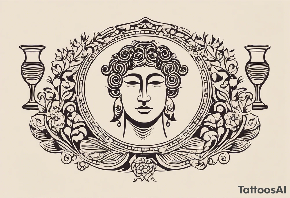 "Craft a minimalist tattoo design in the style of ancient Greek art, featuring Dionysus with his affection for theater. Depict Dionysus in a simplified yet elegant form, reminiscent of classical Greek sculpture, holding a theatrical mask and a goblet of wine. Surround him with subtle geometric patterns or motifs inspired by ancient Greek pottery, such as meanders or key patterns. Ensure the design maintains a minimalist aesthetic while incorporating elements that evoke the sophistication and timelessness of Greek art, capturing Dionysus's connection to both wine and theater in a visually striking manner." tattoo idea
