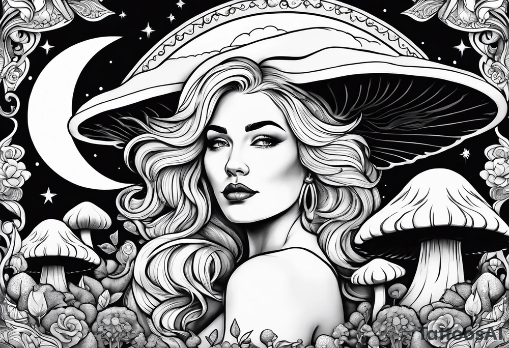 Older blonde fat woman no makeup surrounded by mushrooms mountains crescent moon background tattoo idea