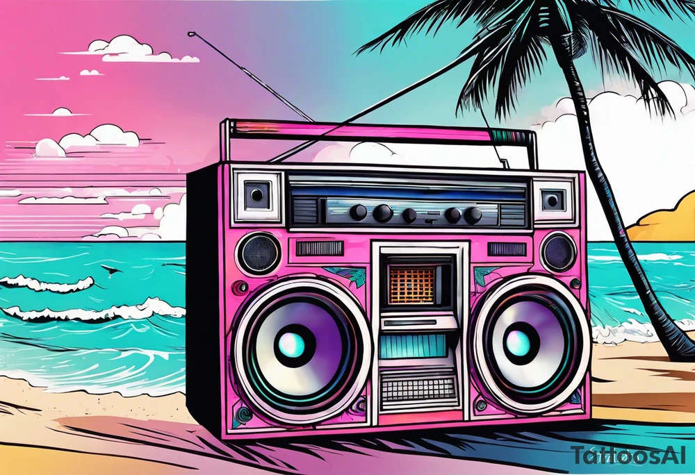 1980'S BOOM BOX MIAMI VICE STYLE, BEACH , PALM TREES, MUSIC NOTES tattoo idea