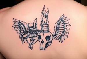 gangster angel sitting on the side panel of the drivers seat, holding an AK47, watching a huge flame burning a stacked skull of a rabbit and a chicken. tattoo idea