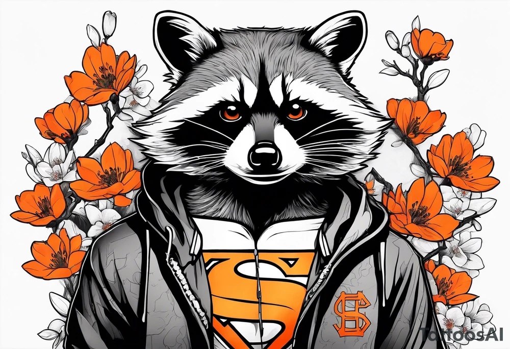 raccoon wearing a black and white Superman hoodie and orange Japanese cherry blossoms tattoo idea