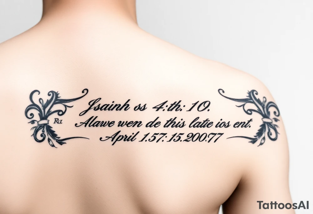 Forearm sleeve that has the Bible verse Isaiah 41:10 and has Roman numerals for April 15th 2007 tattoo idea