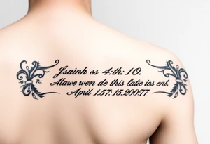 Forearm sleeve that has the Bible verse Isaiah 41:10 and has Roman numerals for April 15th 2007 tattoo idea
