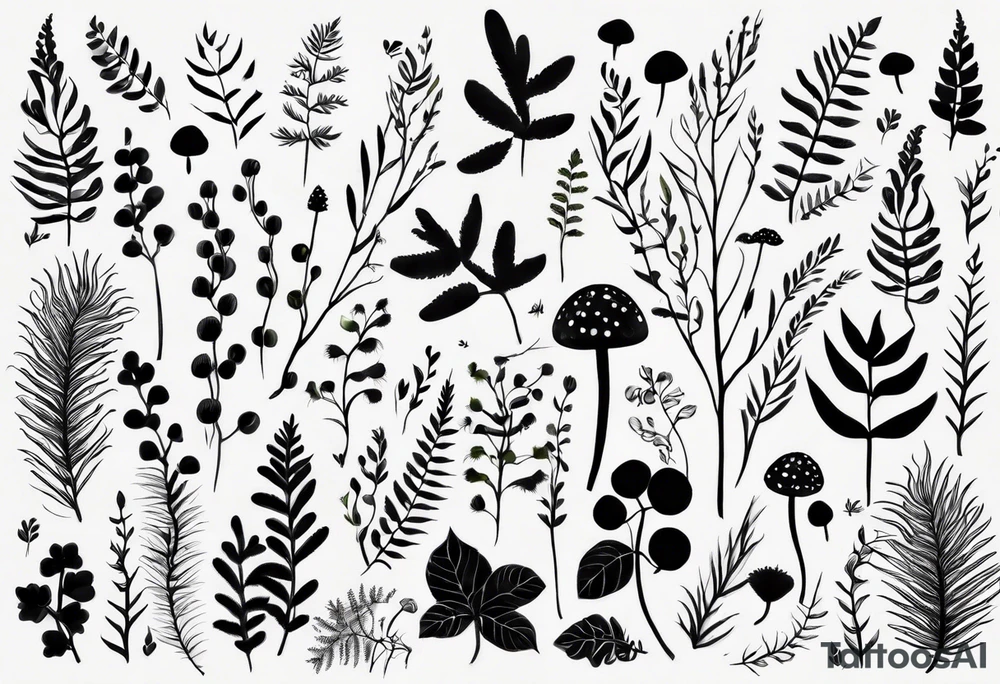 forest floor inspired minimalist tattoo, which includes grass, curly ferns, moss and dead leaves as the bulk of the tattoo. details to include: forest berries, a tiny bumblebee flying nearby, three small brown mushrooms
Generate a vertically long one tattoo idea