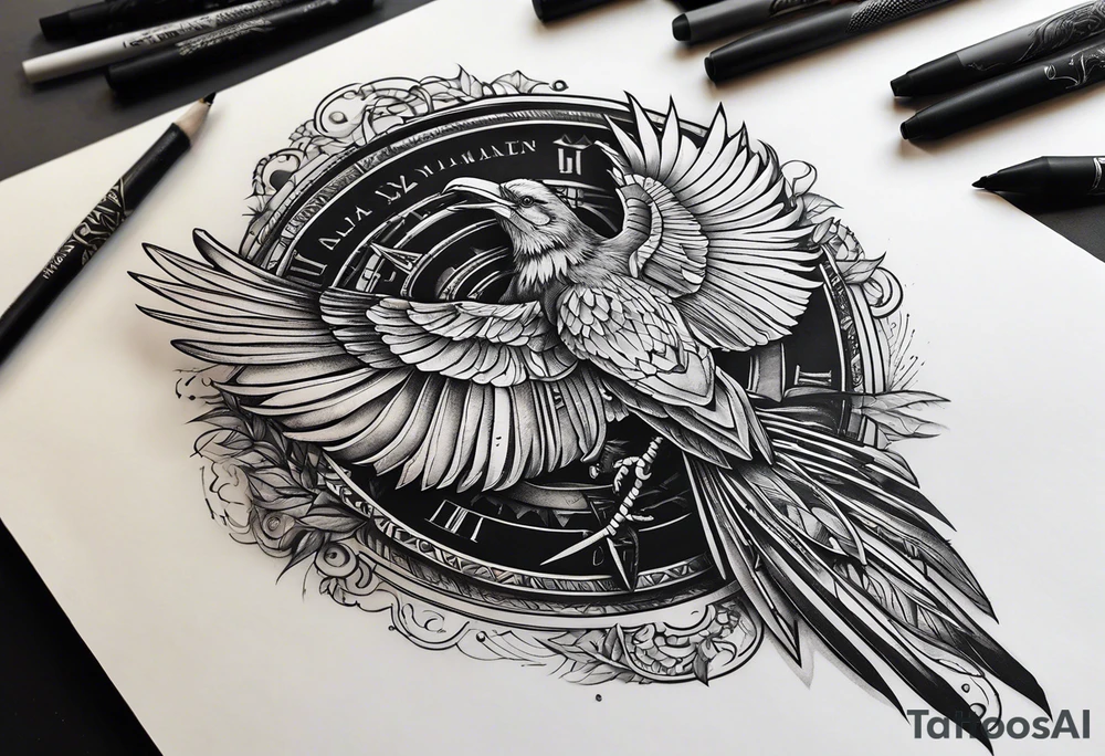 I want a tattoo that goes from the shoulder to the elbow including a scorpion, the metraton cube, the crow and the Roman numeral 19. tattoo idea
