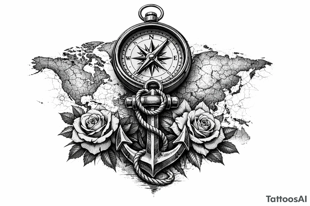 a compass under it an anchor, roses,world map. tattoo idea