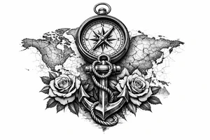 a compass under it an anchor, roses,world map. tattoo idea