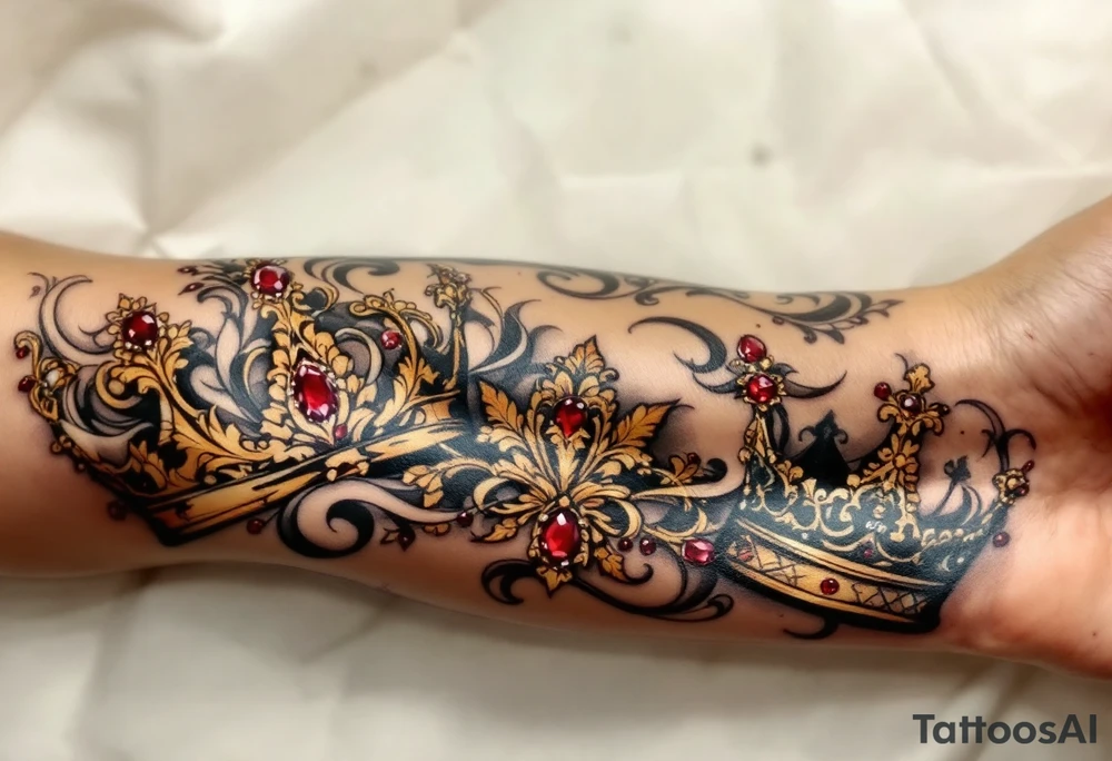 Baroque-style crowns designs with gold and ruby detailing. tattoo idea