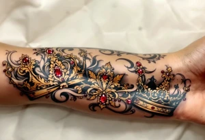 Baroque-style crowns designs with gold and ruby detailing. tattoo idea
