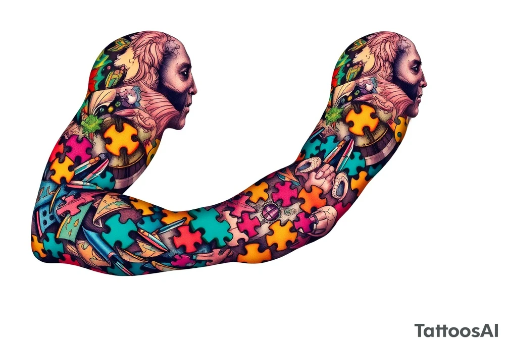 left arm full sleeve to support autism awareness full color and completed filled tattoo idea