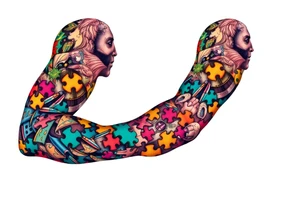 left arm full sleeve to support autism awareness full color and completed filled tattoo idea