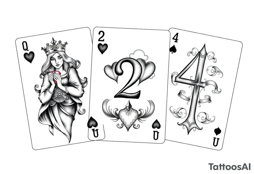 3 playing cards a Queen of heart, 2 of hearts and a 4 of hearts tattoo idea