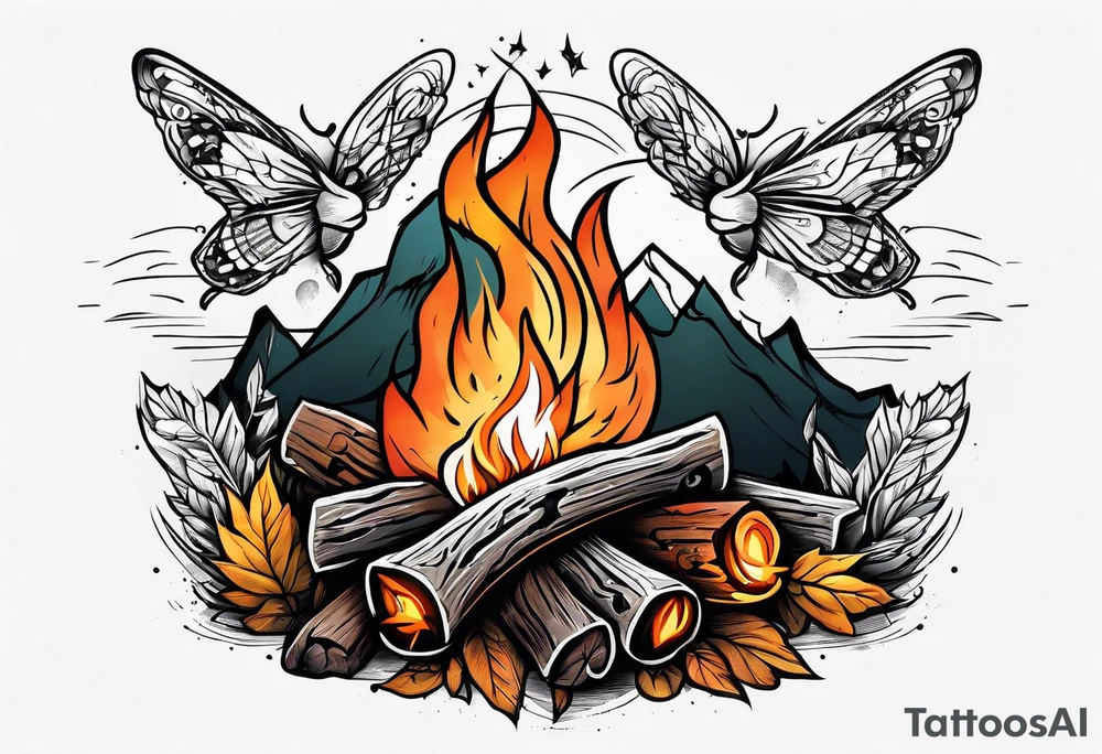 Campfire with small Moth flying above tattoo idea