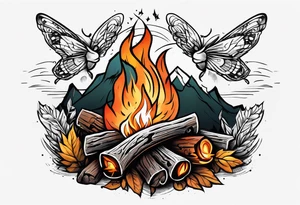 Campfire with small Moth flying above tattoo idea