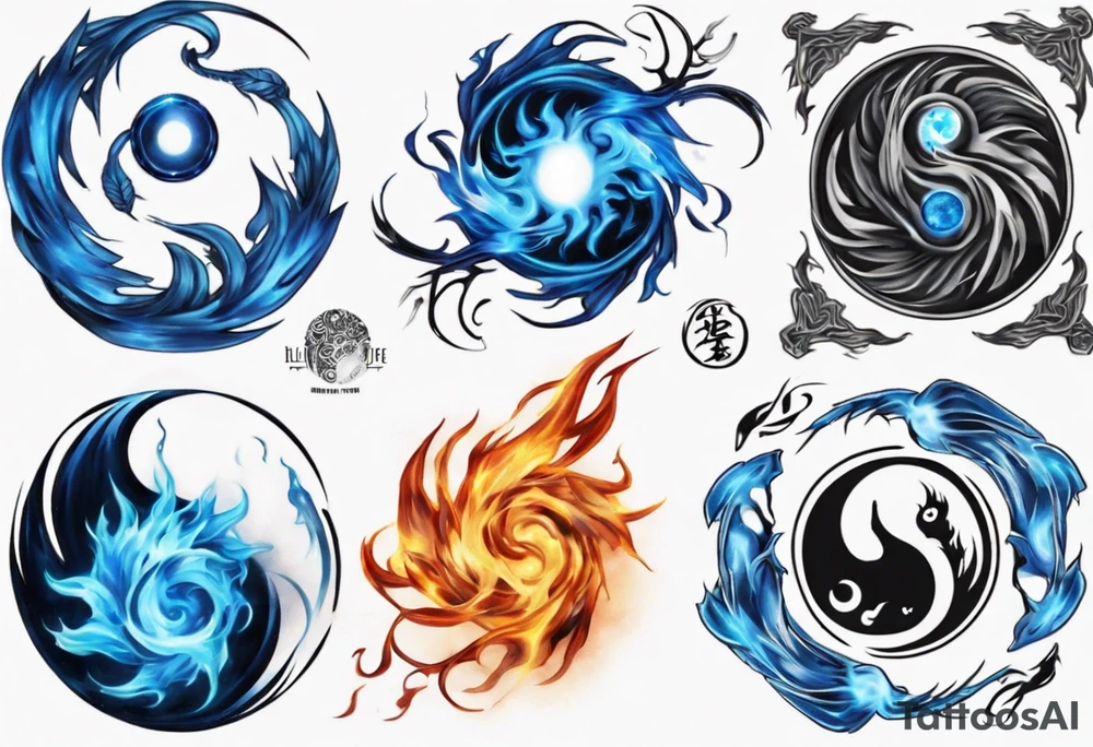 Blue fire mix with ying and yang symbol tattoo idea