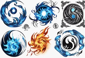 Blue fire mix with ying and yang symbol tattoo idea